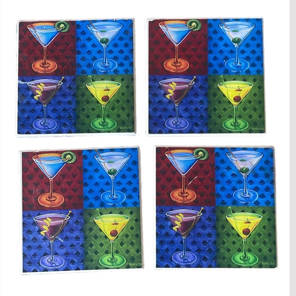 Vintage Artist Will Rafuse "Martini Royale" Ceramic Tile Cork back Coasters.